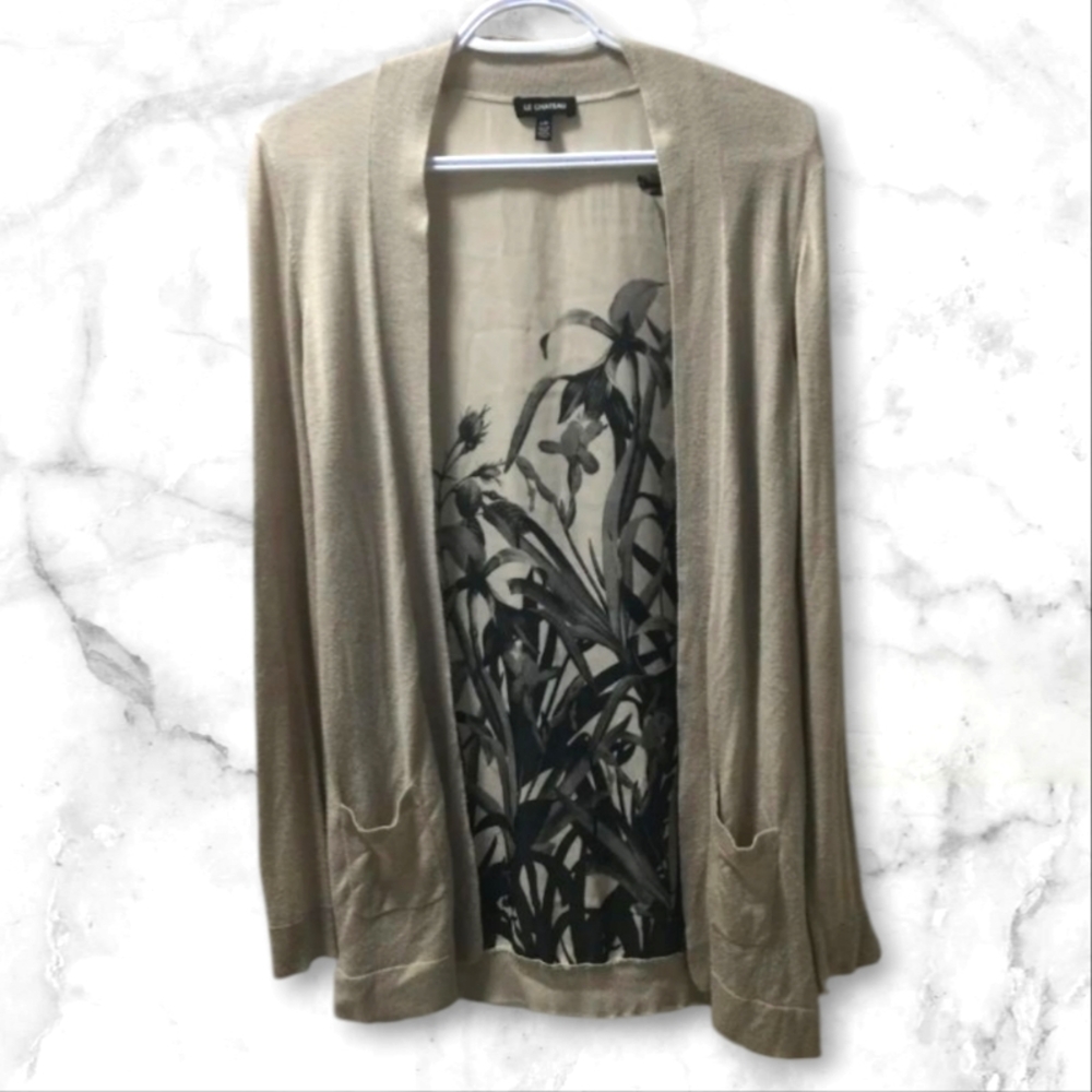 Le Chateau Taupe Floral Open Front Cardigan